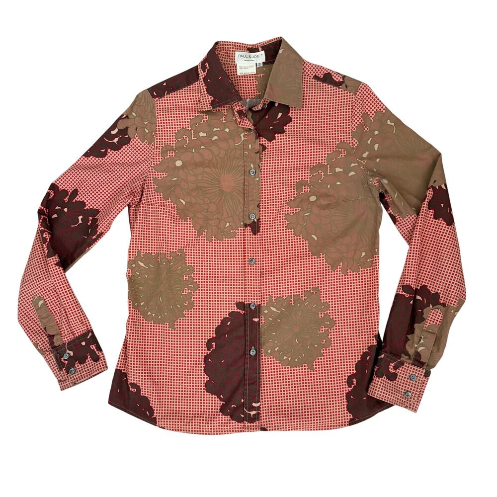 Paul & Joe Paris Abstract Floral Button Up Shirt Red Cotton Women’s  3 (US M ) - Picture 2 of 5